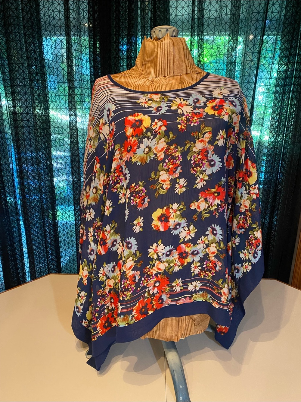 Chenault Navy Floral Boatneck Poncho Blouse with Red, White & Green Accents